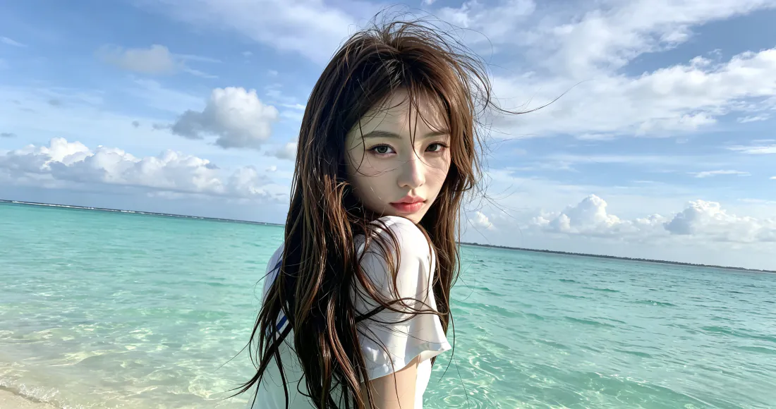 3k海边长发女生壁纸｜清新海滨背景图片 - 白T少女蓝天碧海「哲风壁纸」