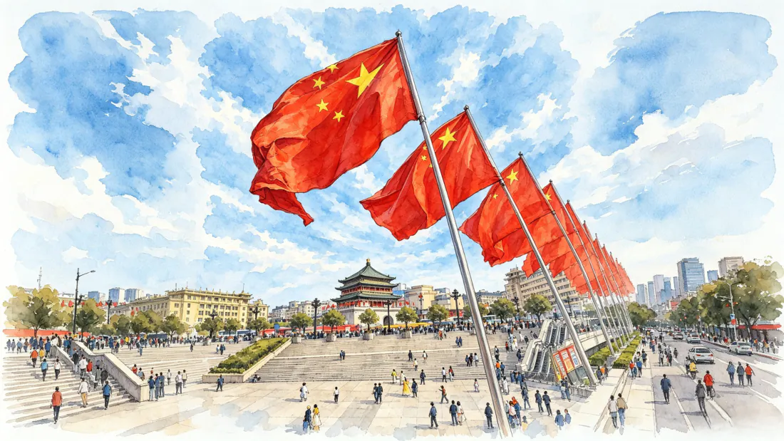3k西安钟楼广场壁纸｜五星红旗水彩背景图片 - 国庆城市风景「哲风壁纸」