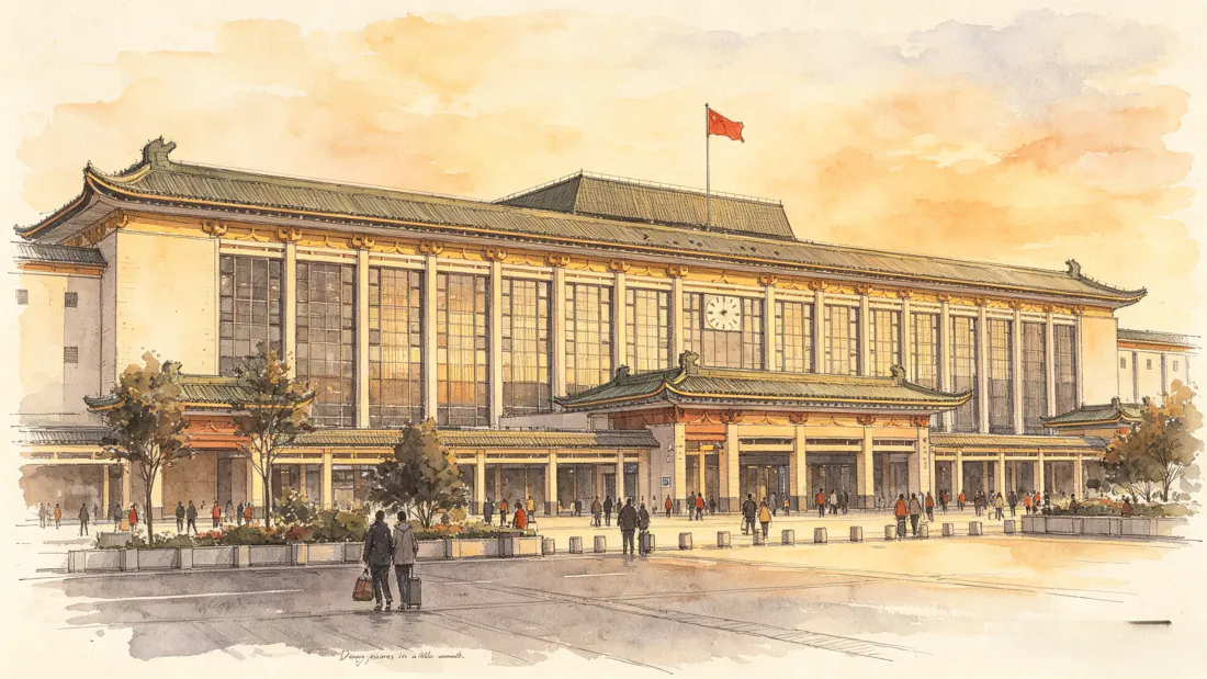 3k北京站水彩｜站前广场背景图片 - 中式建筑黄昏「哲风壁纸」