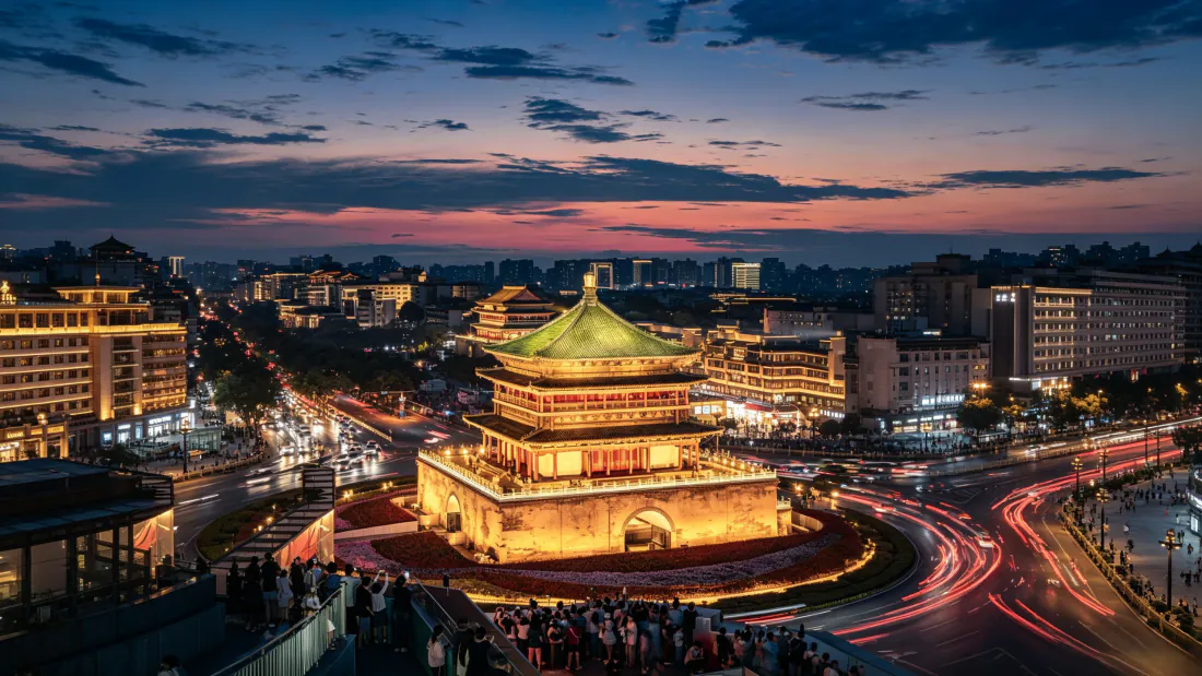 3k西安钟楼壁纸｜古城黄昏夜景背景图片 - 车流灯光「哲风壁纸」