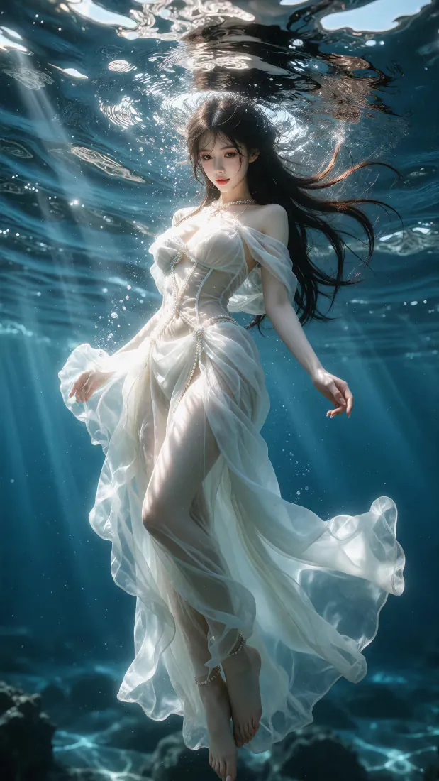 水下白裙少女手机壁纸｜深海光束背景图片 - 空灵氛围感「哲风壁纸」