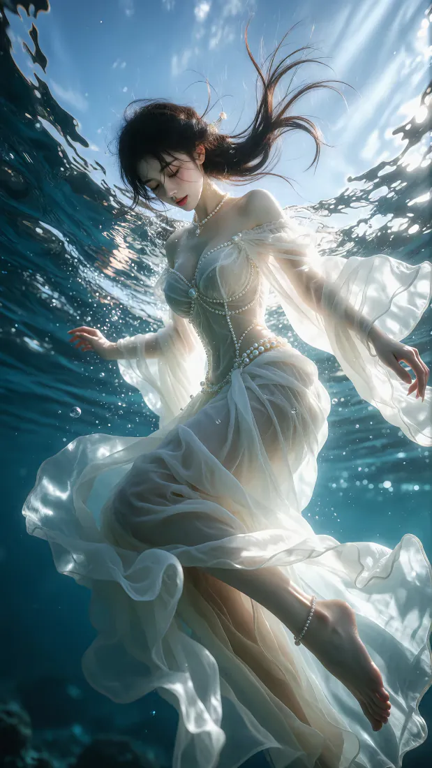 水下白裙美女手机壁纸｜梦幻光影背景图片 - 清冷氛围感写真「哲风壁纸」
