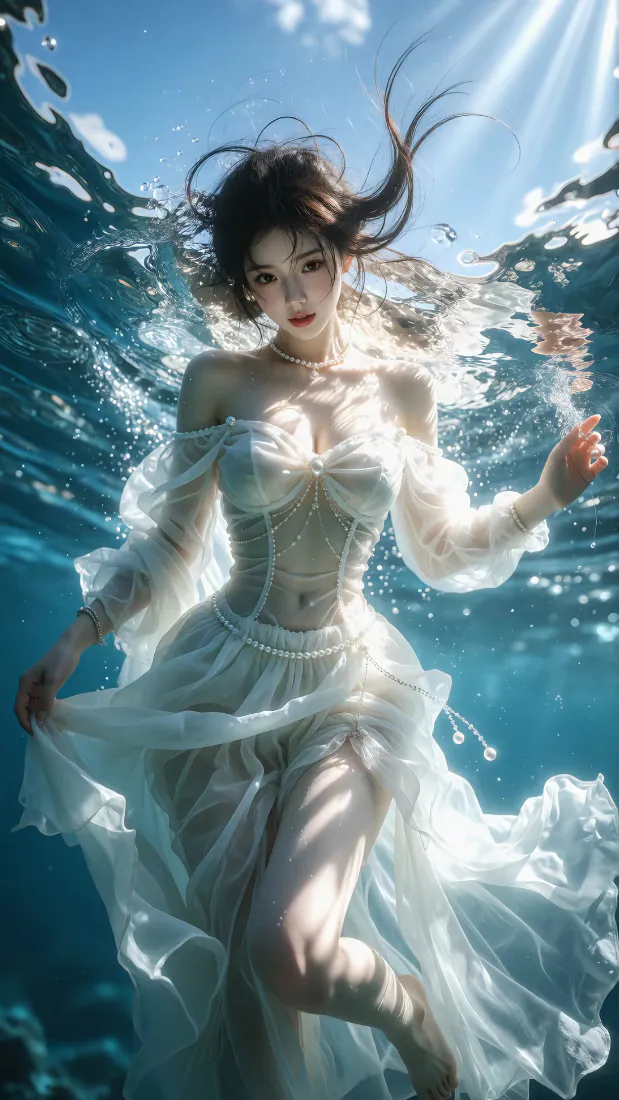水下白裙美女手机壁纸｜背景图片 - 光影梦幻人像「哲风壁纸」