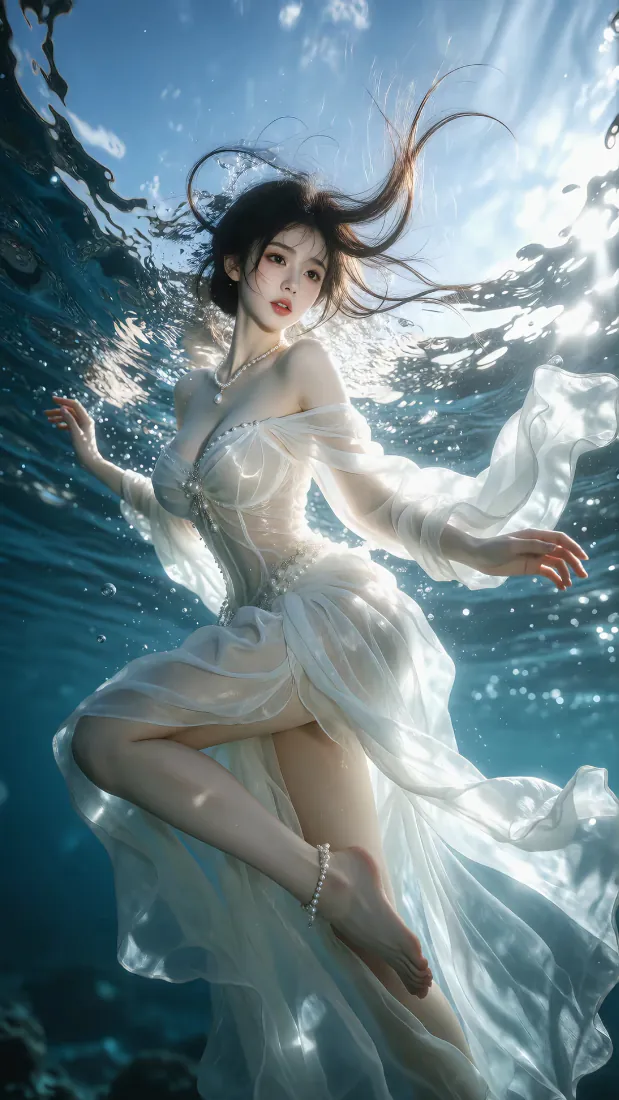 水下白裙少女手机壁纸｜梦幻光影背景图片 - 清冷氛围感写真「哲风壁纸」