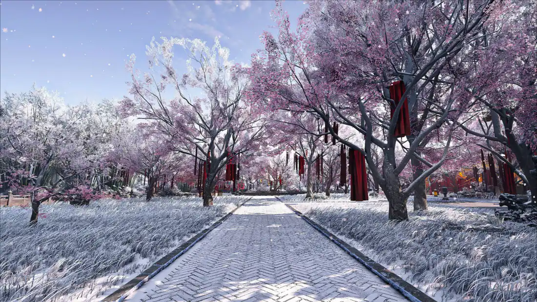 2k樱花雪后石板路壁纸|背景图片 - 粉花覆雪林荫步道冬日晴景「哲风壁纸」 2k樱花雪后石板路壁纸|背景图片 - 粉花覆雪林荫步道冬日晴景「哲风壁纸」