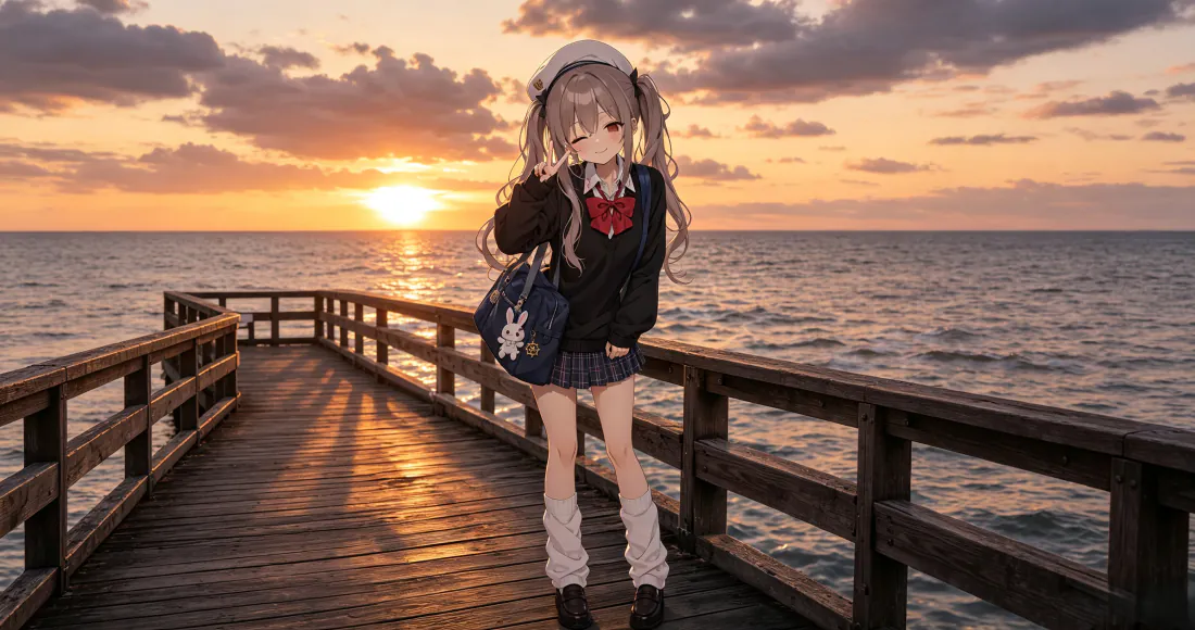 3k动漫少女｜海边栈桥夕阳背景图片 - 双马尾制服少女「哲风壁纸」