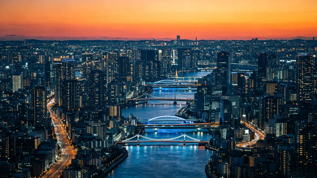 3k城市江景黄昏｜航拍城市背景图片 - 桥梁高楼晚霞「哲风壁纸」