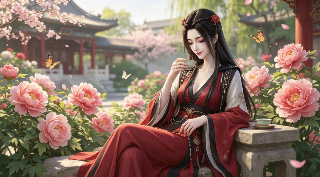 3k元瑶壁纸｜凡人修仙传背景图片 - 红裙牡丹古风庭院「哲风壁纸」