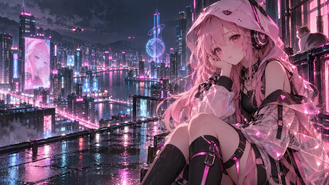 3k粉发少女壁纸｜赛博都市夜景背景图片 - 雨夜霓虹天台「哲风壁纸」