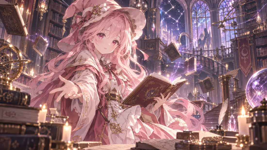 3k粉发魔法少女壁纸｜奇幻图书馆背景图片 - 魔女施法「哲风壁纸」