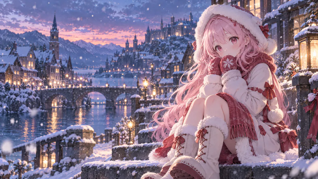 3k粉发圣诞少女｜冬日雪镇背景图片 - 黄昏雪景二次元「哲风壁纸」