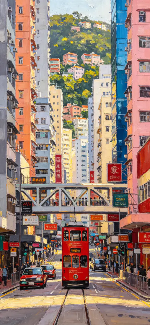 香港叮叮车手机壁纸｜城市街景背景图片 - 港风高楼插画「哲风壁纸」