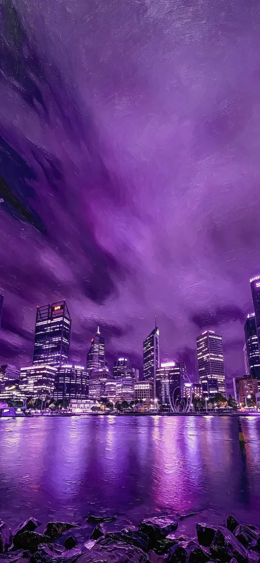 城市天际线手机壁纸｜背景图片 - 紫色调滨水摩天楼夜景「哲风壁纸」