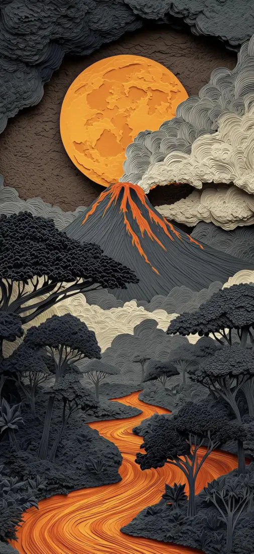火山熔岩手机手机壁纸｜背景图片 - 橙月森林暗黑纸艺「哲风壁纸」