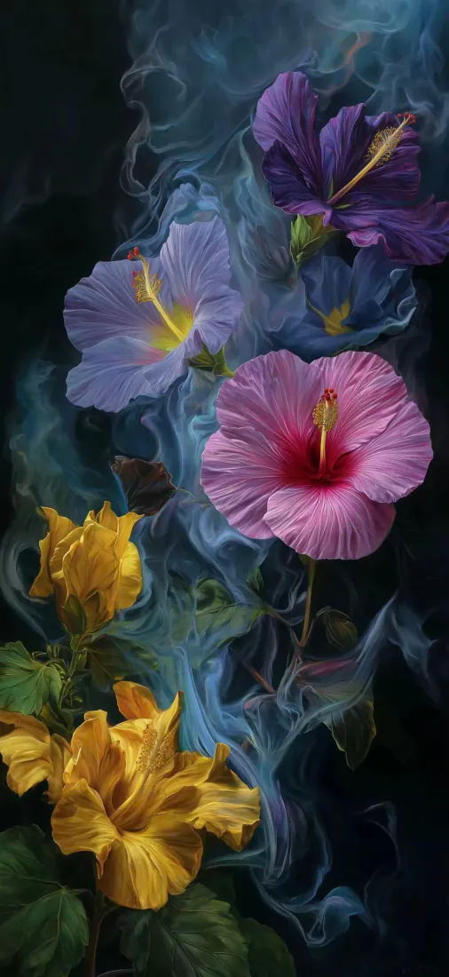 多彩朱槿花手机壁纸｜烟雾花卉背景图片 - 梦幻艺术手机屏保「哲风壁纸」