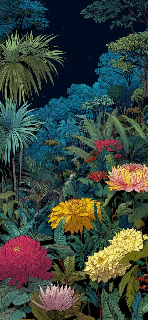 热带植物花卉手机壁纸｜暗色丛林背景图片 - 复古插画「哲风壁纸」