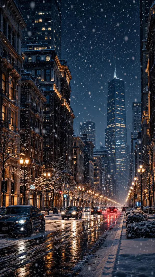 芝加哥雪夜街景手机壁纸｜城市背景图片 - 川普大厦摩天楼灯光「哲风壁纸」