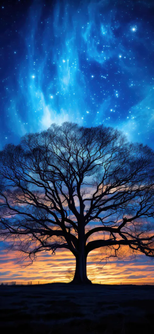 星空孤树剪影手机壁纸｜梦幻自然背景图片 - 蓝调星河黄昏旷野「哲风壁纸」