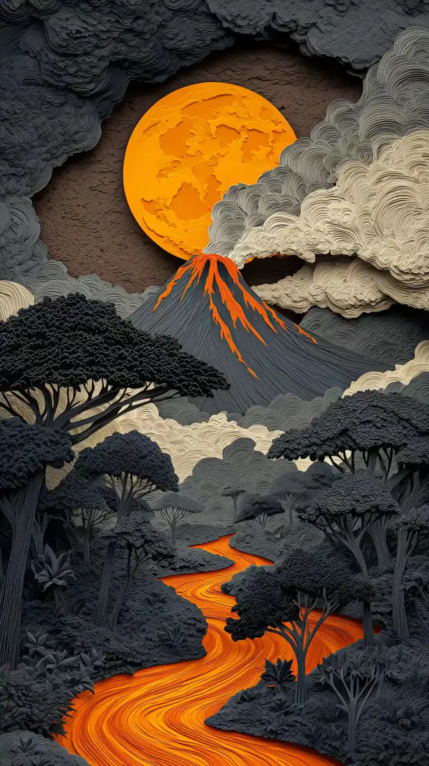 火山熔岩月夜森林｜手机背景图片 - 立体纸艺暗黑风景「哲风壁纸」