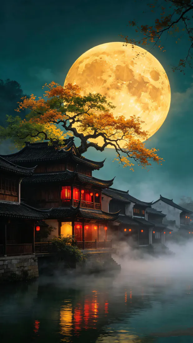 江南水乡满月夜景手机壁纸｜古风古镇背景图片 - 红灯笼水岸秋树月色「哲风壁纸」