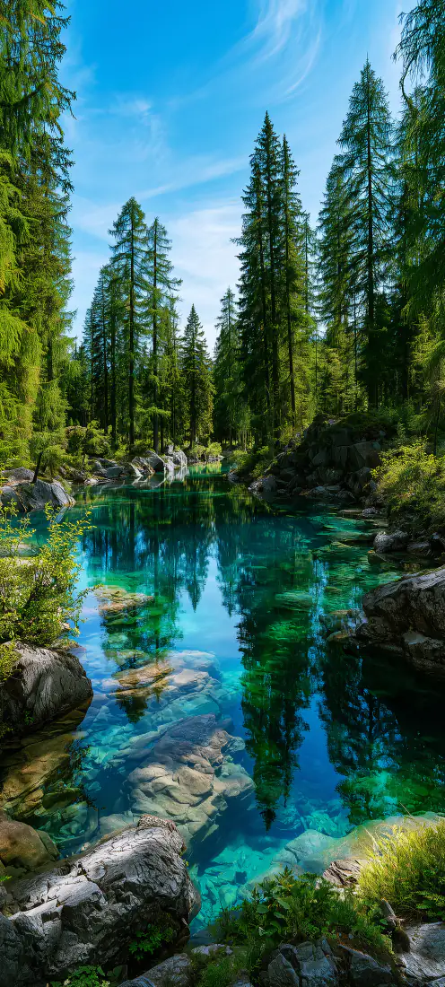 森林湖泊手机壁纸｜背景图片 - 清澈溪流松树林自然风景「哲风壁纸」