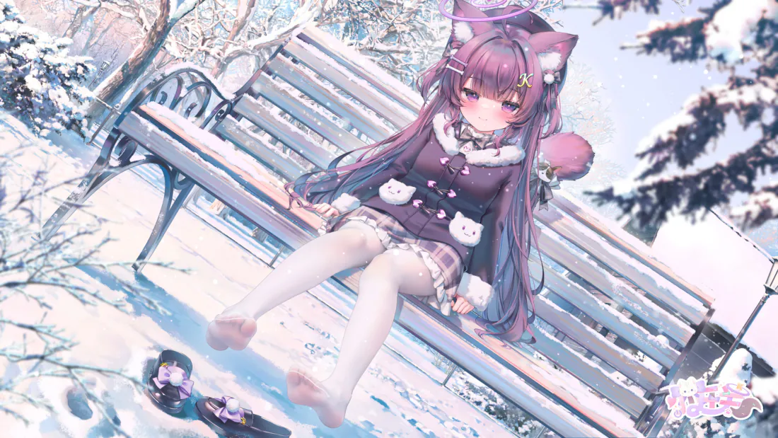 3k猫耳少女壁纸｜雪景长椅背景图片 - 紫发白丝冬日二次元「哲风壁纸」
