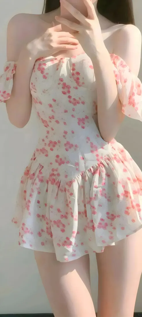 碎花裙美女手机壁纸｜对镜自拍背景图片 - 露肩短裙纯欲穿搭「哲风壁纸」