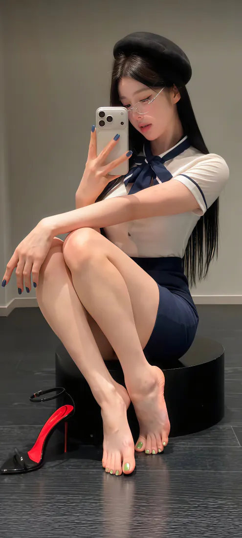 水手服美女手机壁纸｜室内自拍背景图片 - 贝雷帽长腿穿搭「哲风壁纸」
