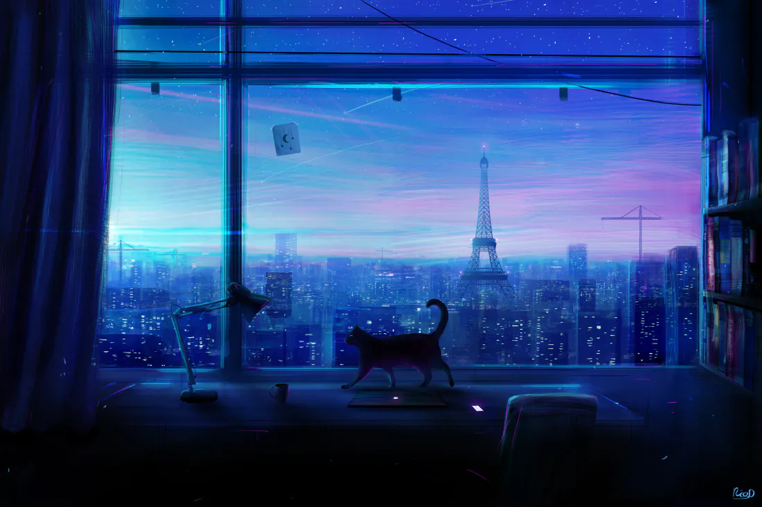 4k巴黎窗景黑猫|蓝紫暮色城市背景 - 埃菲尔铁塔插画「哲风壁纸」 4k巴黎窗景黑猫|蓝紫暮色城市背景 - 埃菲尔铁塔插画「哲风壁纸」