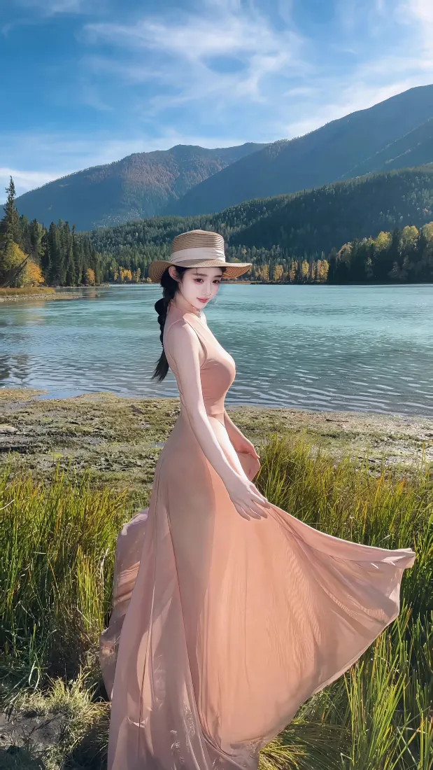 湖畔礼帽长裙美女手机壁纸｜背景图片 - 山湖草地「哲风壁纸」