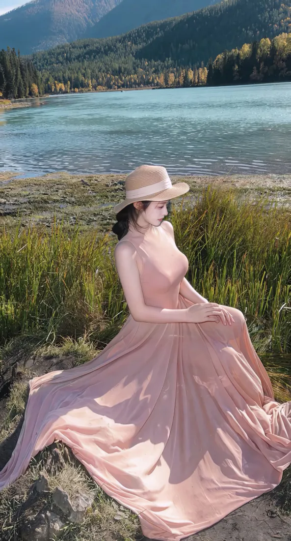 湖畔粉裙女子手机壁纸｜自然湖山背景图片 - 优雅户外写真「哲风壁纸」