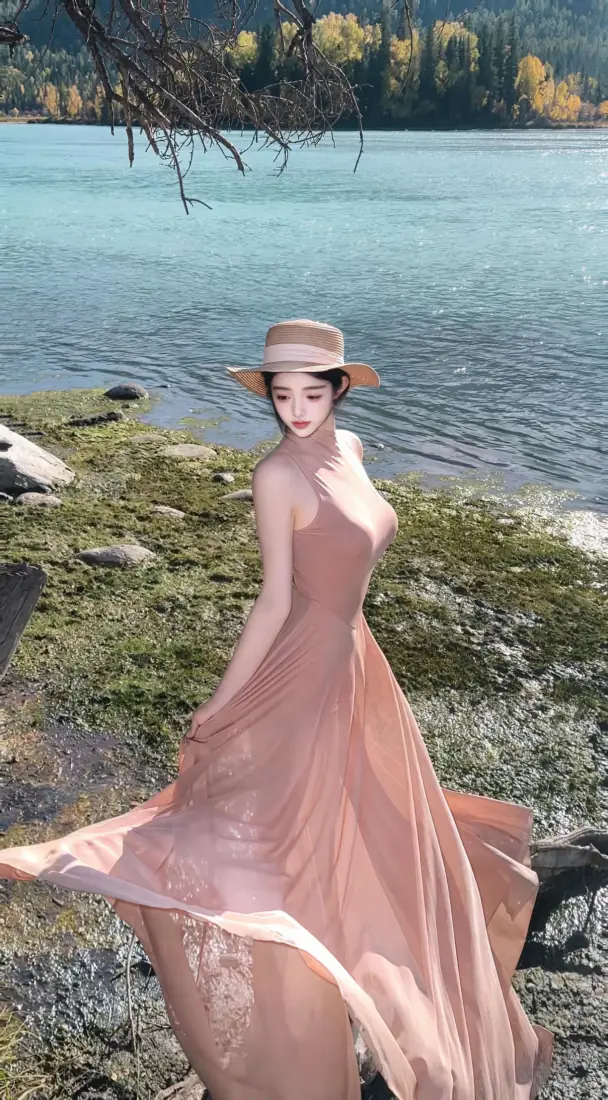 湖畔粉裙美女手机壁纸｜背景图片 - 礼帽长裙户外写真「哲风壁纸」