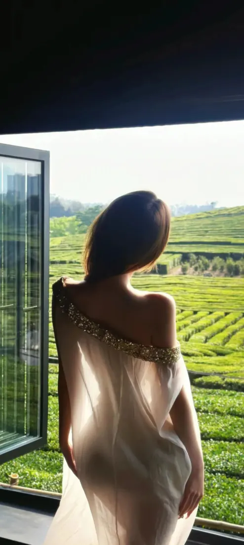 露背美女手机壁纸｜茶园窗边背景图片 - 逆光氛围感「哲风壁纸」