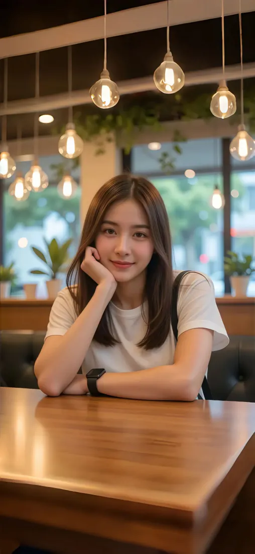 咖啡馆托腮美女手机壁纸|暖光休闲背景图片 - 白T恤长发少女「哲风壁纸」 咖啡馆托腮美女手机壁纸|暖光休闲背景图片 - 白T恤长发少女「哲风壁纸」