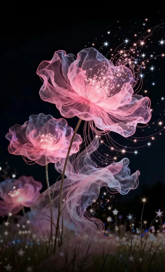 梦幻粉花手机壁纸｜黑色背景图片 - 发光花朵星光氛围「哲风壁纸」