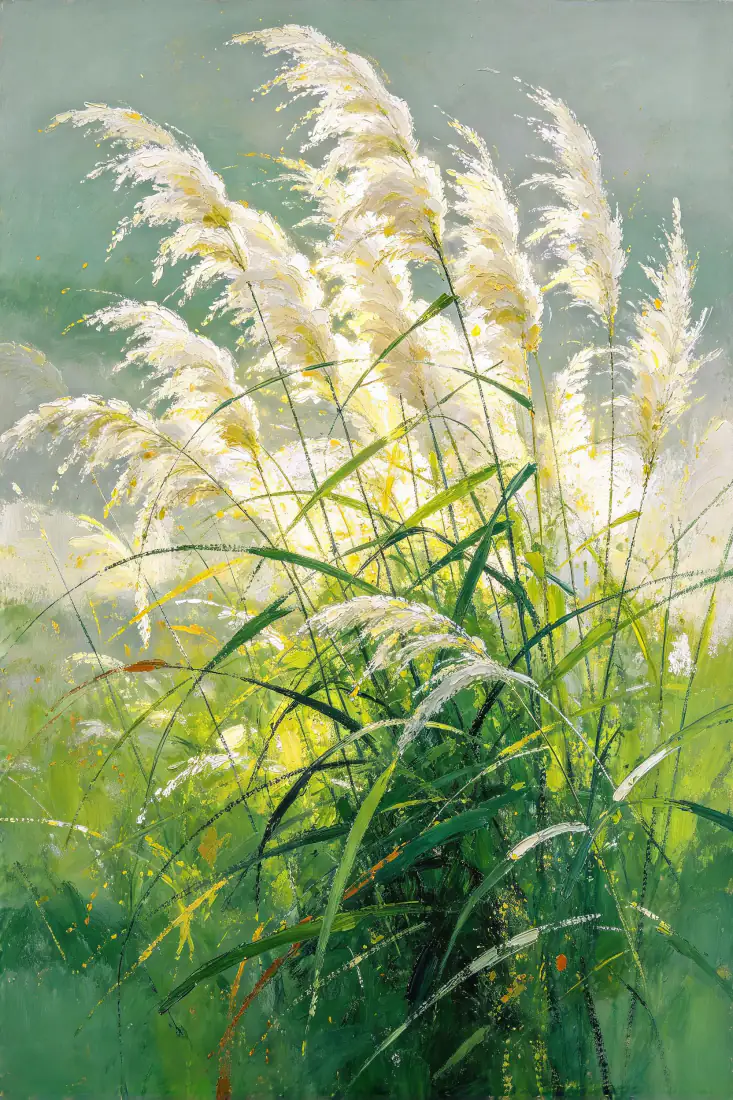 芦苇花油画｜清新绿色背景图片 - 手机「哲风壁纸」