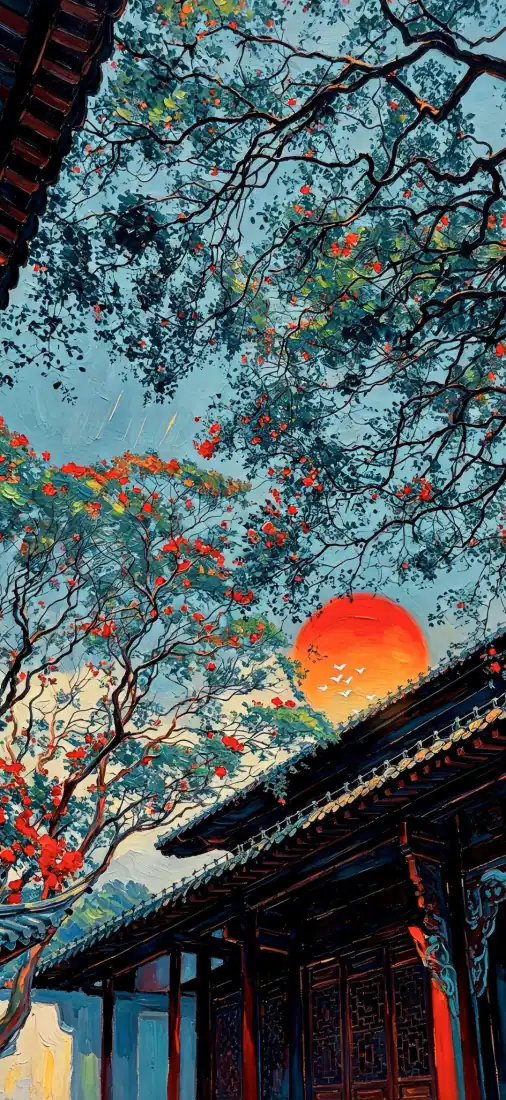 中式庭院落日手机壁纸｜古风屋檐背景图片 - 花树夕阳「哲风壁纸」