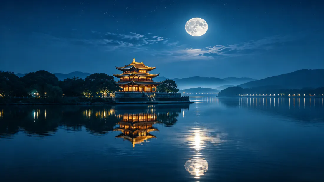3k湖畔中式楼阁壁纸｜满月夜景背景图片 - 湖面倒影远山静谧「哲风壁纸」