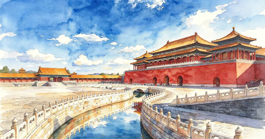 3k故宫午门壁纸｜背景图片 - 水彩古建筑晴空风光「哲风壁纸」