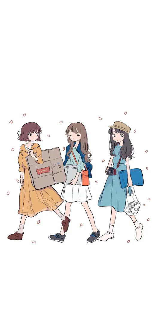 逛街少女插画｜手绘背景图片 - 日系穿搭闺蜜出行「哲风壁纸」