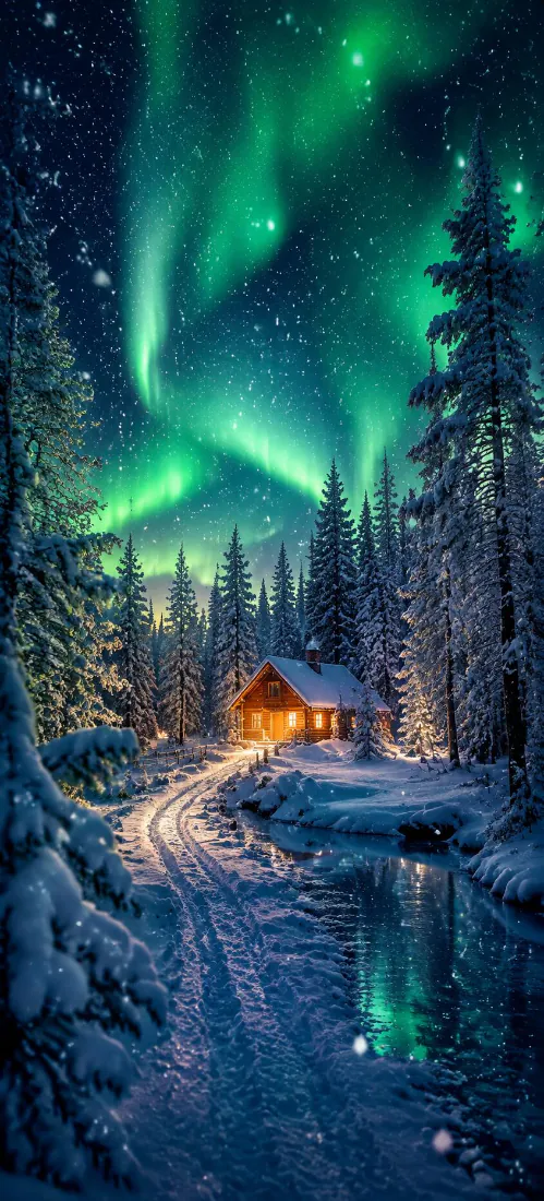 极光森林小屋手机壁纸|冬季雪景背景图片 - 暖光木屋河流极光「哲风壁纸」 极光森林小屋手机壁纸|冬季雪景背景图片 - 暖光木屋河流极光「哲风壁纸」