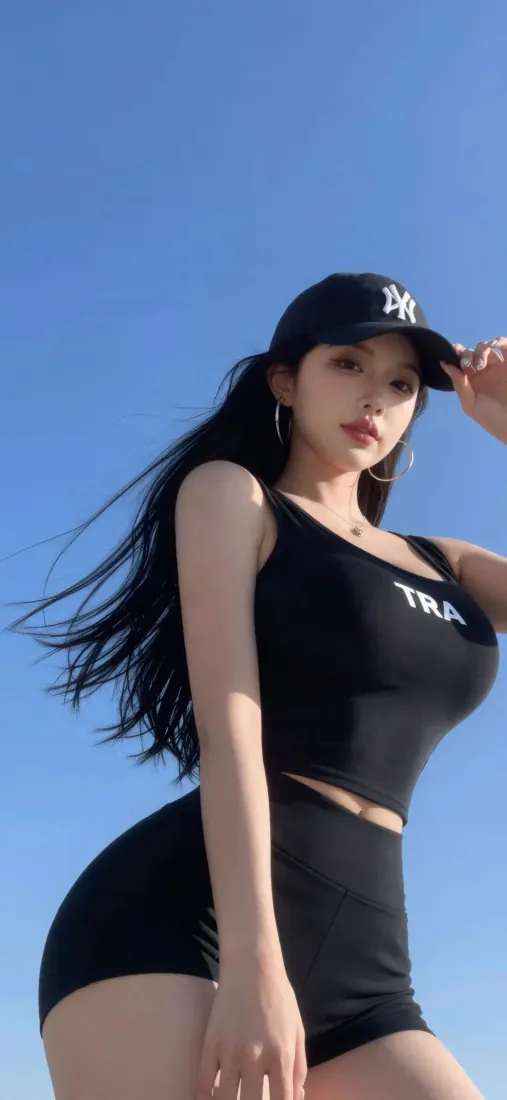 运动风辣妹美女手机壁纸|蓝天背景图片 - 黑色紧身套装棒球帽户外人像「哲风壁纸」 运动风辣妹美女手机壁纸|蓝天背景图片 - 黑色紧身套装棒球帽户外人像「哲风壁纸」