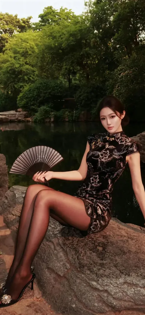 旗袍美女手机壁纸｜园林水景背景图片 - 持扇黑丝坐姿写真「哲风壁纸」