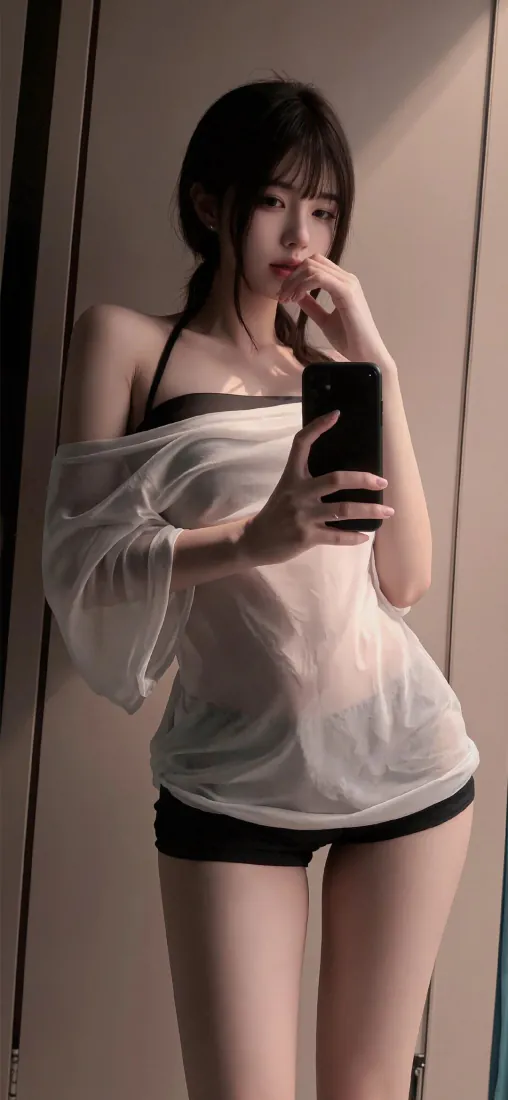 居家美女对镜自拍｜纯欲风穿搭背景图片 - 白纱上衣黑短裤「哲风壁纸」