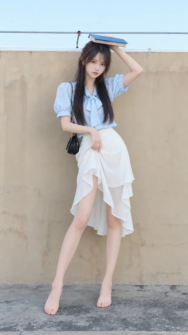 清纯少女手机壁纸|户外天台背景图片 - 蓝衬衫白裙顶书「哲风壁纸」 清纯少女手机壁纸|户外天台背景图片 - 蓝衬衫白裙顶书「哲风壁纸」