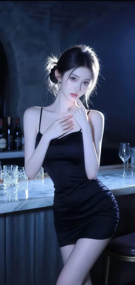 冷艳黑裙美女手机壁纸｜酒吧背景图片 - 吊带包臀裙氛围感「哲风壁纸」