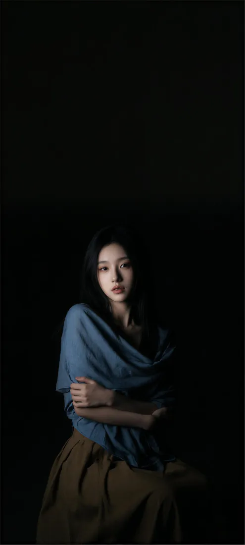 清冷氛围感女生手机壁纸｜暗调人像背景图片 - 抱臂蓝衣长发女性「哲风壁纸」