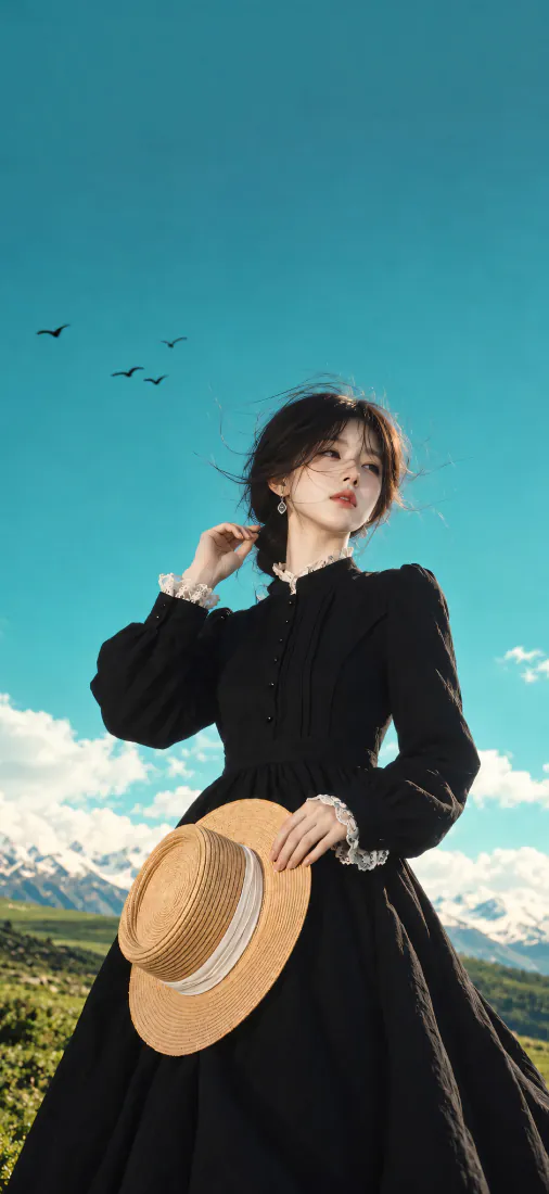 复古黑裙少女手机壁纸｜草原雪山背景图片 - 优雅氛围感「哲风壁纸」