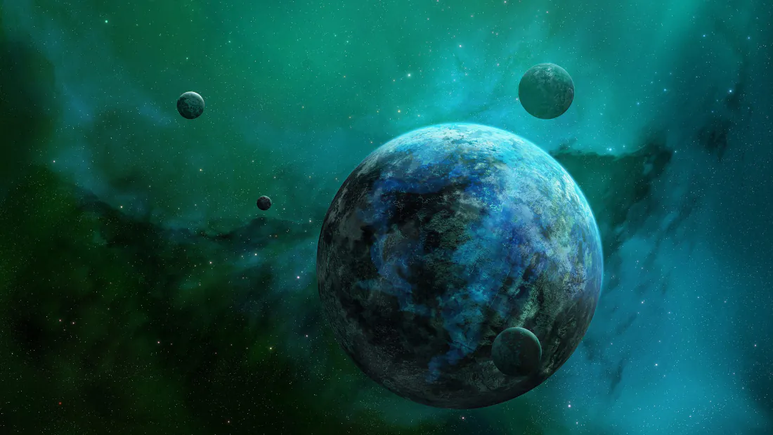 3k异星行星群壁纸｜宇宙星云背景图片 - 青绿色科幻太空「哲风壁纸」