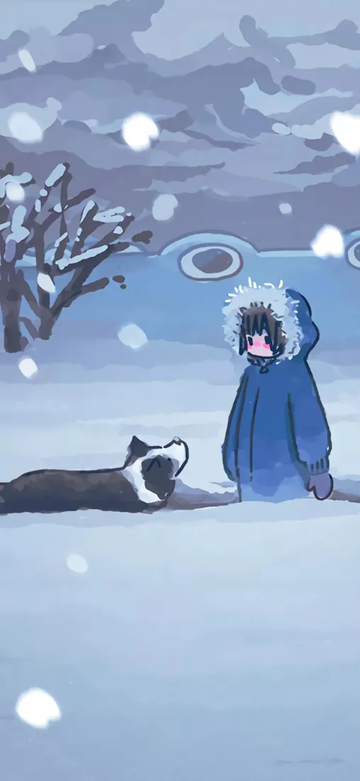 雪中女孩与猫手机壁纸｜冬日雪景背景图片 - 治愈插画「哲风壁纸」